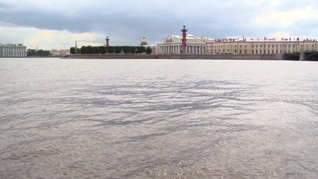 View of Vasilevsky island in Saint-Petersburg from Neva river in summer day.