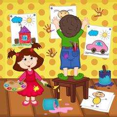 girl and boy artists - vector illustration, eps