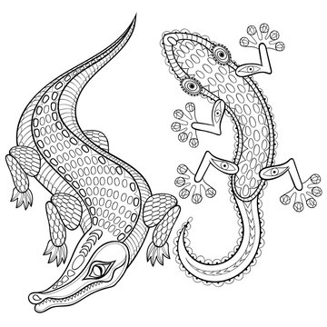 Hand drawn zentangled Crocodile and Lizard for adult coloring pa
