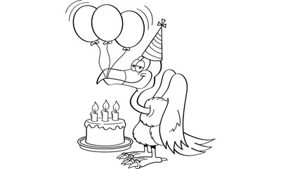 Black and white illustration of a buzzard wearing a party hat with a birthday cake and balloons.