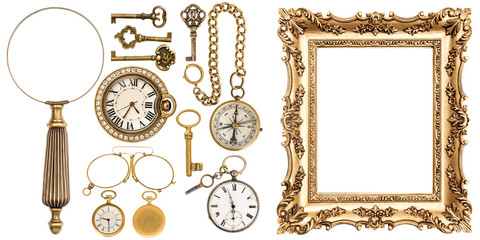 Collection of golden vintage goods frames objects