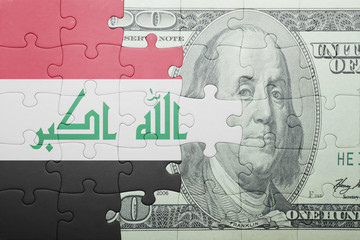 puzzle with the national flag of iraq and dollar banknote