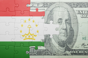 puzzle with the national flag of tajikistan and dollar banknote