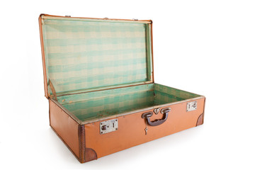 Old brown suitcase with a clipping path, isolated on white.