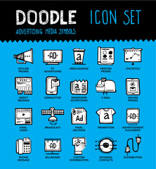Handmade ink pen line icons set of modern media and advertisement industry. Solution for internet projects. Creative outline symbol collection. Simple doodle linear pictogram collection. 