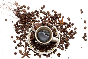 Coffee beans in coffee cup isolated on white