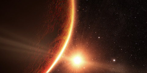 Fototapeta premium Venus. Cinematic and very realistic sunrise seen from space on venus
