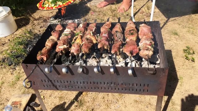 Meat on a skewer on grill in sunny summer picnic