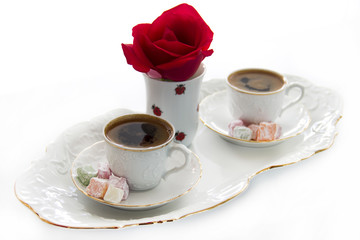Turkish coffee with colorful delights and red rose. Happy Valentine’s day 