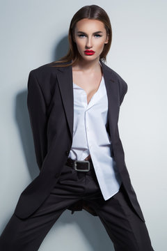 Female beauty concept. Portrait of fashionable young girl in cla