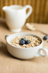 Oatmeal with blueberries and jug of milk on rustic background. Top view.