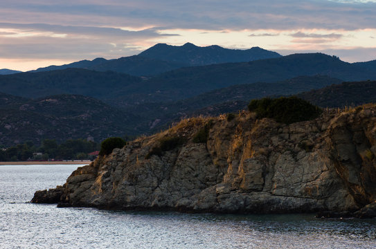Sea coast and mountains after sunset, west coast of Sithonia, Greece