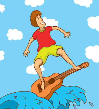 Young man surfing on a guitar