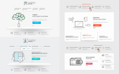 Obraz premium Website template elements collection: Set of two templates for personal or company business portfolio with concept icons. 