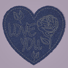Valentines Heart as Blue Jeans denim Element. Vector Patch, Fragments on pink Background.