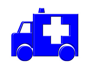 Blue three dimensional ambulance on white background.