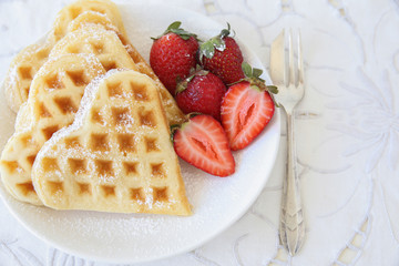 waffles with fresh strawberries, selective focus