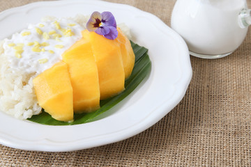 Homemade coconut sticky rice with mango, selective focus