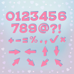 Pink romantic alphabet in retro style. Part 2. Numbers, symbols and arrows. Blurred soft background with heart bokeh. Valentine's day, wedding, love concept. EPS 10 vector illustration.