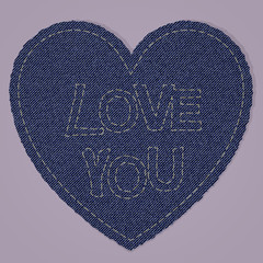 Valentines Heart as Blue Jeans denim Element. Vector Patch, Fragments on pink Background.