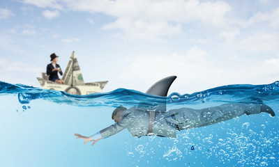 Fototapeta premium Businesswoman in boat made of dollar banknote