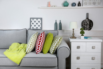Beautiful modern living room with grey sofa