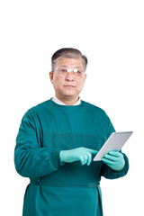 portrait old asian man doctor in gown with digital tablet