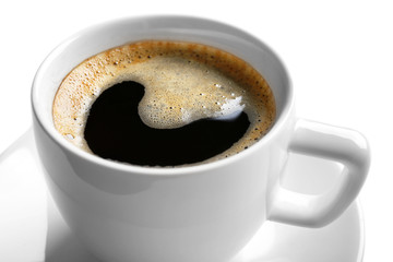 A cup of tasty coffee, isolated on white, close-up