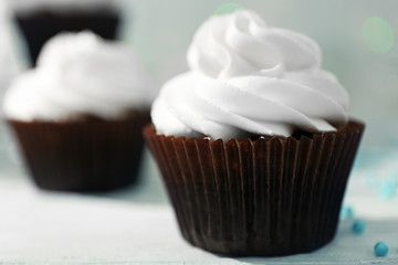 Chocolate cupcakes on a table