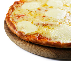 Pizza full of cheese on wooden board isolated on white background, close up