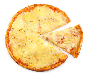 Tasty sliced pizza isolated on white.