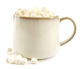Mug of hot chocolate with marshmallows, isolated on white