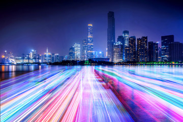 city skyline and light line on the river