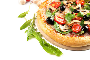Delicious tasty pizza with vegetables on light background