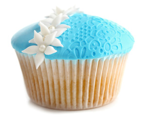 Blue cupcake isolated on white