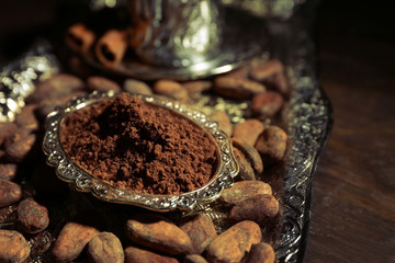 Silver tray with aromatic cocoa harvest, close up