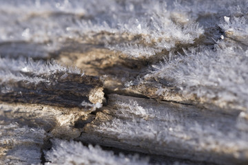Frost covering weathered wood on a winter morning