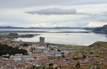 Town Puno with laake Titicaca at background, Peru.