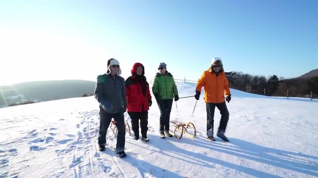 4k footage, four best ager friends walking on cold sunny winter day with sleds outdoor in hilly landscape
