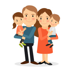 Couple with children. Mother and father stanging together holding kids. Vector illustration