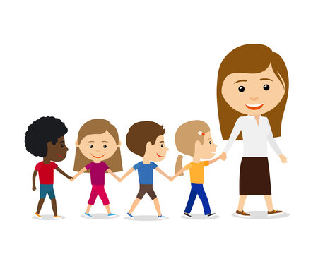 Teacher with kids on white background, walking and holding hands. Kids education vector illustration