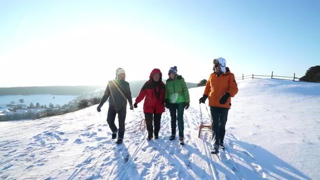4k footage, two smiling and chatting senior couples walking with sleds on cold sunny winter day on snowy hilltop
