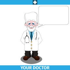 Cartoon character. A doctor wearing glasses and a white lab coat with empty dialog cloud. Vector illustration 10 EPS