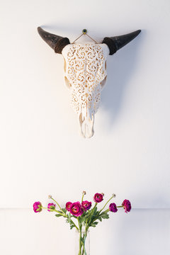 Cow Bulls Skull Head Ornament With Pink Roses Home Decor Interior Designed Room