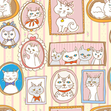 cute cats portraits seamless pattern. retro vector background