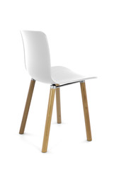 White Plastic Modern Chair with Wood Legs, Three Quarter Rear View