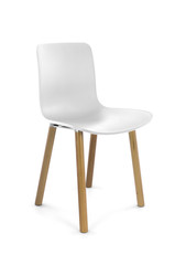 White Plastic Modern Chair with Wood Legs, Three Quarter View