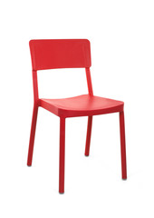 Red Plastic Cafe Chair on White Background, Three Quarter View