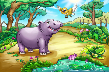 Illustration for Children: Hippo and Bird. Realistic Fantastic Cartoon Style Artwork Scene, Wallpaper, Story Background, Card Design
