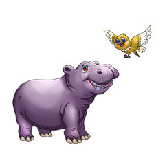 Clip Art Set: Hippo and Bird. Realistic Fantastic Cartoon Style Artwork Scene, Wallpaper, Story Background, Card Design
